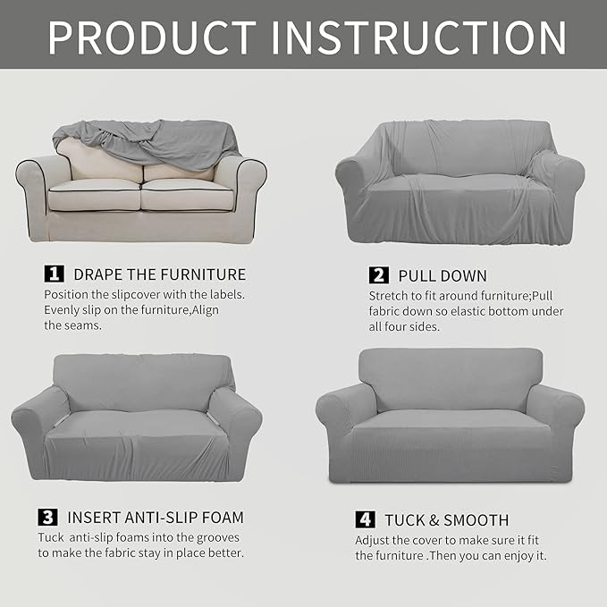 Easy-Going Stretch Sofa Slipcover 1-Piece Sofa Cover Furniture Protector Couch Soft with Elastic Bottom for Kids, Polyester Spandex Jacquard Fabric Small Checks (Sofa, Light Gray)