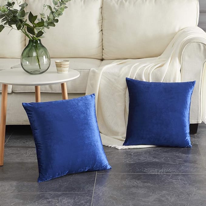 GIGIZAZA Blue Decorative Throw Pillow Covers, 20x20 Velvet Square Solid Couch Pillows for Bedroom Set of 2 Modern Home Decor Super Soft Cushion Pillowcases