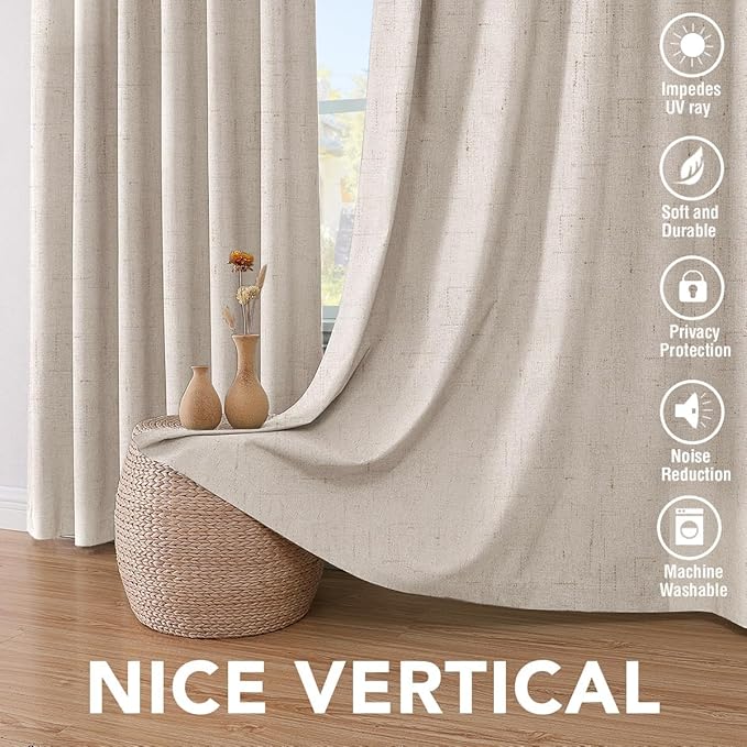 H.VERSAILTEX Linen Curtains 100% Blackout Curtains for Bedroom 102 inch Long Full Light Blocking Nature Linen Blended Window Curtains for Living Room Nickel Grommet (2 Panels, Natural)
