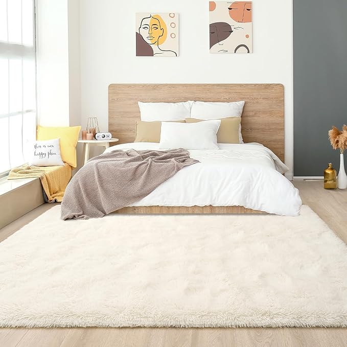 Amearea Premium Soft Fluffy Rug Modern Shag Carpet, 5.3x7.5 Feet, Fuzzy Plush Rugs for Living Room Bedroom Kids Room Home Decor, Nursery Non Slip Indoor Shaggy Carpets, Cream