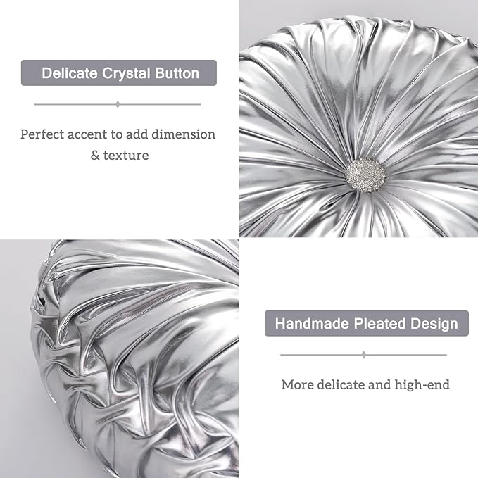 HIG Set of 2 Handcrafted Silver Ruched Round Throw Pillows – 14.5’’ Metallic Leather Decorative Pillows with Soft Polyester Filling for Couch, Bed, Living Room, Bedroom, or Dorm
