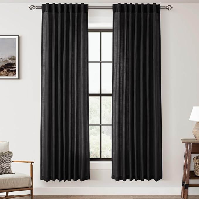Black Linen Curtains 72 inches Long for Bedroom Back Tab Light Filtering Privacy Semi Sheer Black Curtains Living Room Boho Rustic Farmhouse Cotton Textured Gauze Curtain 2 Panel Set