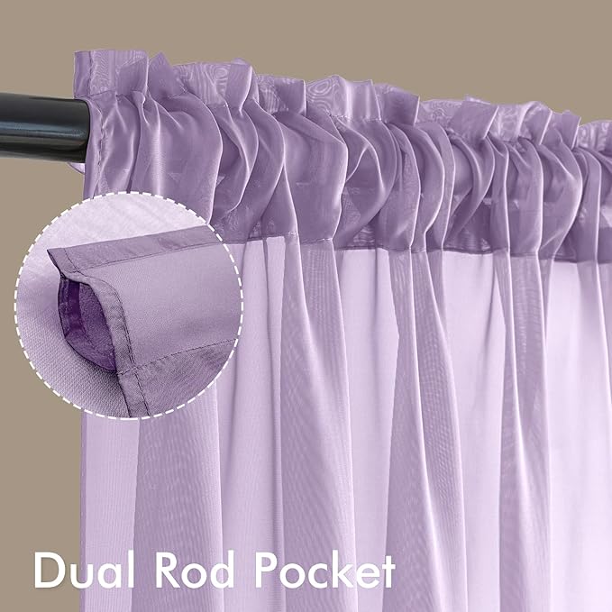 MIULEE Light Purple Sheer Curtains 90 Inches Long, 4 Panels Set, Lavender Light Filtering Rod Pocket Voile Drapes for Living Room and Bedroom, Airy Soft Fabric Window Treatments, 42 x 90 Inches