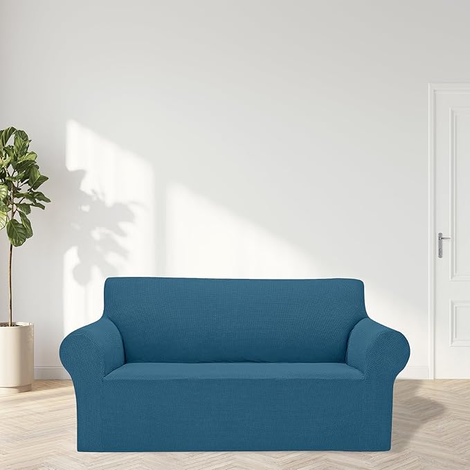 Cupuamon 2026 New Stretch Loveseat Sofa Slipcovers Couch Cover for 2 Cushion Furniture Protector Sofa Covers with Elastic Bottom Jacquard Fabric Small Checks for Pets, Kids - Peacock Blue