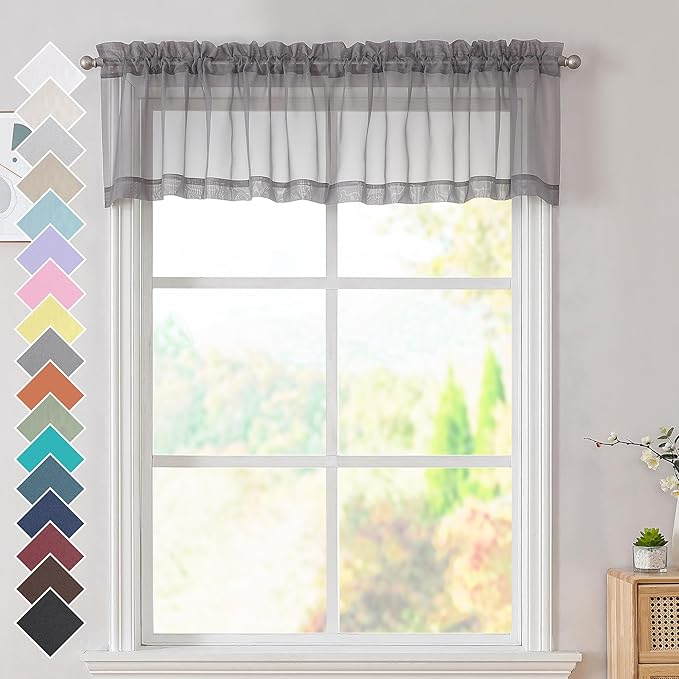 OVZME 2 Panels Grey Sheer Valance - Short Fresh Sheer Curtain Valances for Windows Basement Semi Sheer Valances for Kitchen Window, Dual Rod Pocket (Grey, 42 by 14 Inches Long)