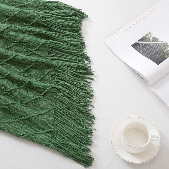 BOURINA Green Throw Blanket 50 x90 Inches Throw Textured Solid Soft Sofa Throw Bed Runner Couch Cover Knitted Decorative Blanket Bed Runner