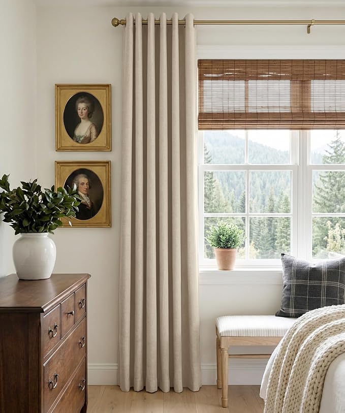 100% Blackout Shield Linen Blackout Curtains for Bedroom, Natural Flax Grommet Curtains for Living Room, Thermal Insulated Room Darkening Drapes for Nursery, Boho Home Decor, 50" W x 84" L, 2 Panels