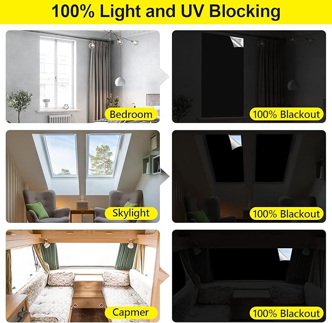 FADOTY 100% Blackout Curtains, Portable Black Out Window Cover Film, Cuttable Blackout Shades Fabric Sheet, No Drill Window Blinds, Sun Heat Light Blocker for Travel Media Dorm Bedroom, 57''W - 2Pack