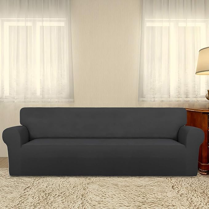 PureFit Super Stretch 4 Seater Sofa Slipcover – Spandex Non Slip Soft Couch Sofa Cover, Washable Furniture Protector with Non Skid Foam and Elastic Bottom for Kids, Pets （XX Large, Dark Gray）