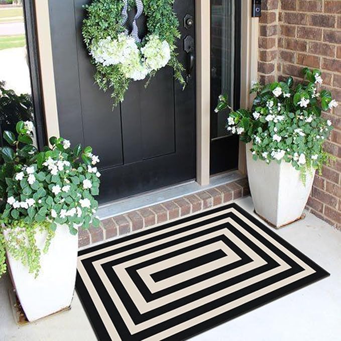 Front Door Mat Outside Entrance - 2x3 Modern Non-Slip Washable Doormat Indoor Outdoor Entrance Black White Geometric Striped Rug Small Throw Rugs for Entryway Bedroom Kitchen Front Porch Decor