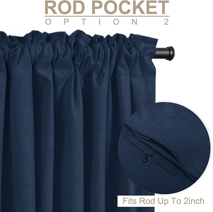 100% Blackout Shield Linen Blackout Curtains for Bedroom 108 Inches Long, Back Tab/Rod Pocket Living Room Drapes, Thermal Insulated Blackout Curtains 2 Panels Set, 50" W x 108" L, Midnight Blue