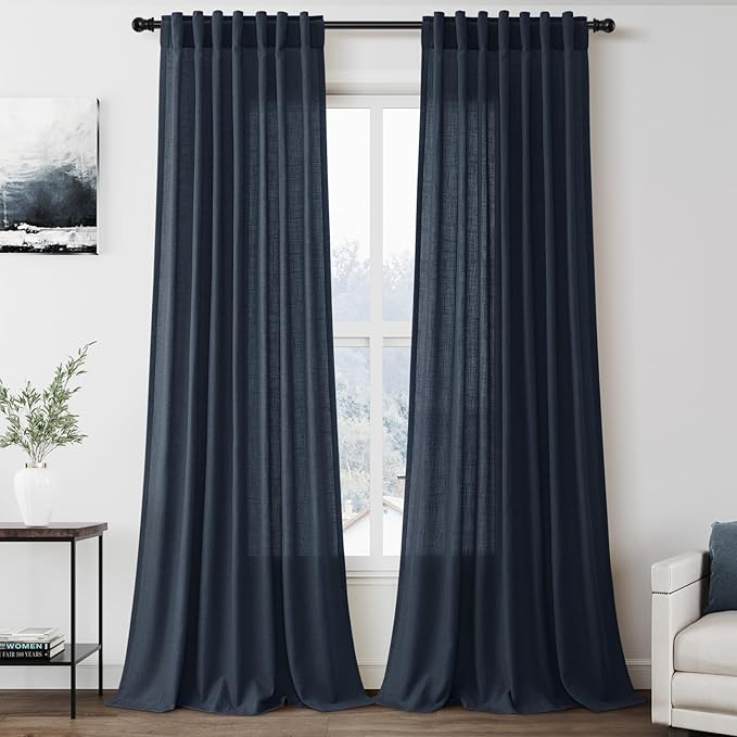 Nanspring Vintage Blue Linen Curtains 102 Inches Long Rod Pocket Back Tab Drapes 2 Panels Set for Living Room Light Filtering Semi Sheer Vintage Blue Curtain 102 Length for Patio Door Bedroom 52x102