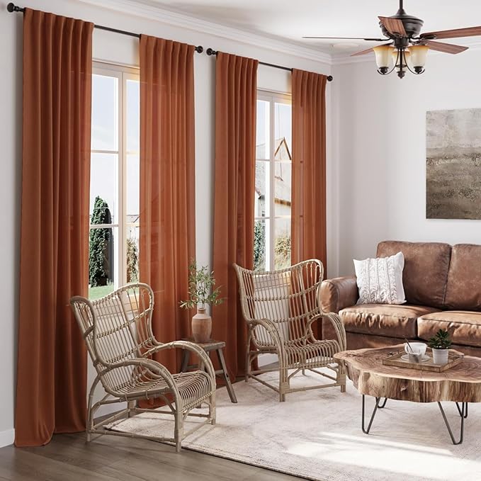 Nanspring Rustic Farmhouse Linen Curtains 96 Inches Long 2 Panel Set Back Tab Terracotta Boho Curtain for Living Room Semi Sheer Light Filtering Luxury Home Decor for Bedroom Dining Room 60x96