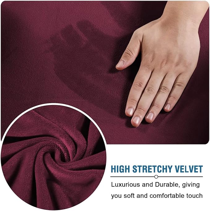 H.VERSAILTEX Modern Velvet Plush 4 Piece High Stretch Sofa Slipcover Sofa Cover Furniture Protector Form Fit Luxury Thick Velvet Sofa Cover for 3 Cushion Couch Width Up to 90 Inch(Sofa,Burgundy)