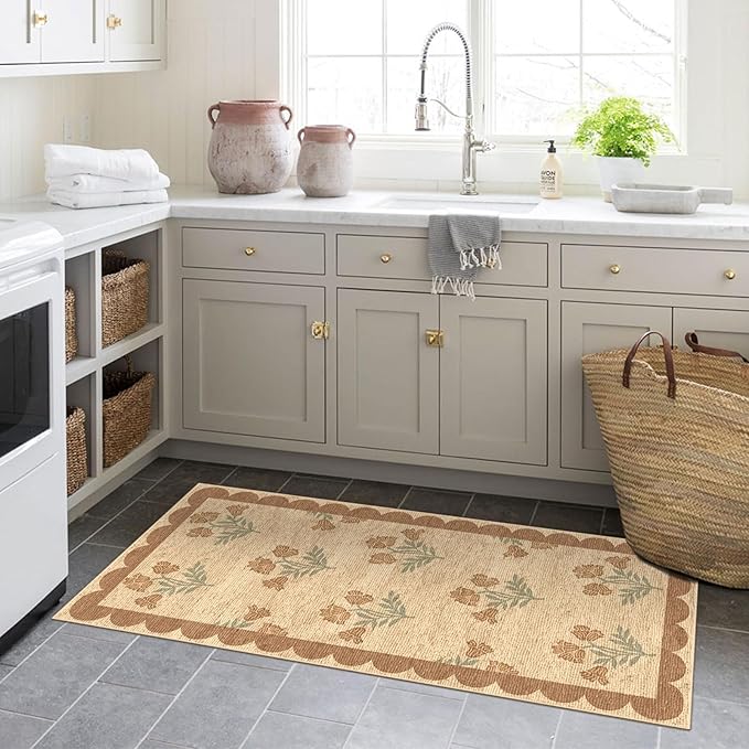 Front Door Mat Indoor Entrance - 2x4.3 Ft Tan Floral Washable Layered Doormat Outdoor Entrance Porch Rug Non-Slip Neutral Country Jute-Look Runner Rug for Kitchen Mud Laundry Room Porch Decor