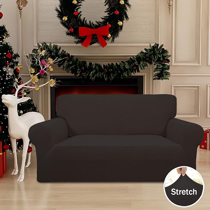 Easy-Going Stretch Loveseat Slipcover 1-Piece Sofa Cover Furniture Protector Couch Soft with Elastic Bottom for Kids Polyester Spandex Jacquard Fabric Small Checks (Loveseat, Chocolate)