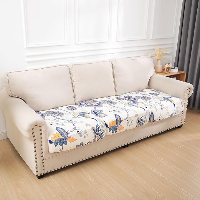 hyha Printed Couch Cushion Covers, Floral Sofa Covers Washable for 3 Cushion Couch, Stretch Pattern Outdoor Cushion Covers for Patio Furniture with Elastic Bottom(3 Packs, Vintage Flower)