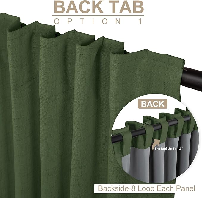 100% Blackout Shield Linen Blackout Curtains for Bedroom 84 Inches Long, Back Tab/Rod Pocket Living Room Drapes, Thermal Insulated Blackout Curtains 2 Panels Set, 50" W x 84" L, Moss Green
