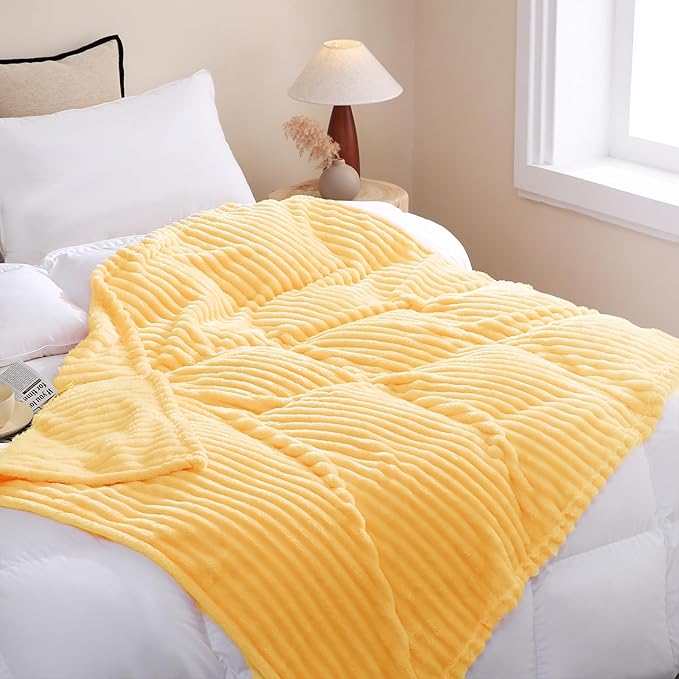 Light Yellow Fleece Throw Blanket 50”×60” for Couch Sofa Bed,Super Soft Cozy Plush Microfiber Flannel Blanket with Stripes Design Lightweight for Adults Woman Girls