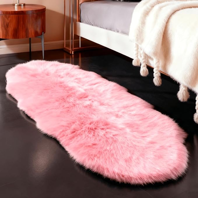 linmopm Faux Fur Rug Sheepskin Shag Fluffy Fuzzy Pink 2x6 ft Runner Rugs for Bedroom Bedside Bed Floor Living Room Plush High-Density Cushion Carpet Super Sofa Cover