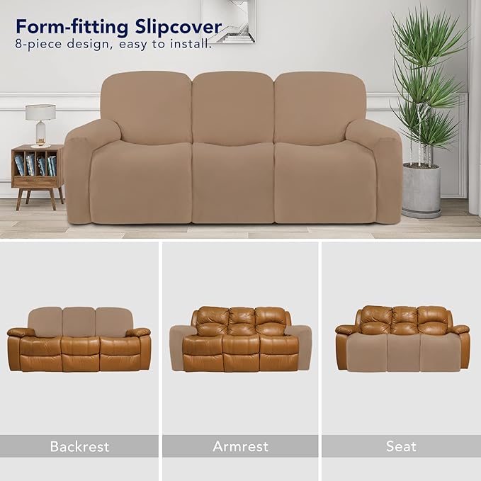 PureFit Super Stretch 3 Seats Recliner Chair Sofa Couch Cover with Pocket – Non Slip Soft Sofa Slipcover, Washable Spandex Reclining Furniture Protector for Kids, Pets (Recliner Sofa, Camel)