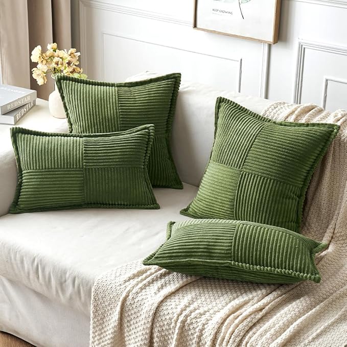 MIULEE Spring Decorative Throw Pillow Covers for Couch Bed Livingroom 16x16 Inch Set of 2 Moss Green Boho Accent Throw Pllows Broadside Striped Patchwork Soft Corduroy Summer Pillowcases
