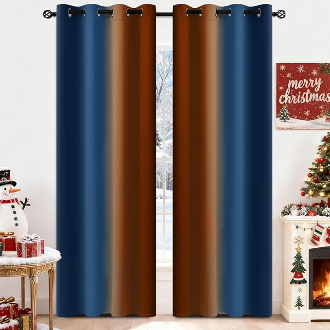 Yakamok Blackout Ombre Dark Blue and Burnt Orange Curtains-Gradient Room Darkening Curtain, Grommet Thermal Insulated Light Blocking Window Drapes Curtain for Living Room Bedroom,52 x 84 Inch,2 Panels