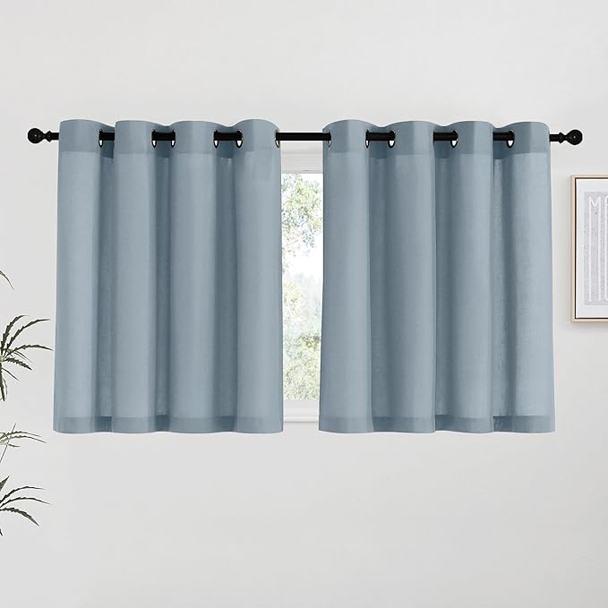 NICETOWN Stone Blue Linen Kitchen Curtains 36 inch Length, Decorative Thick Flax Small Window Treatments Privacy Assured with Light Filtering for Bedroom/Bathroom, W55 x L36, 2 Panels