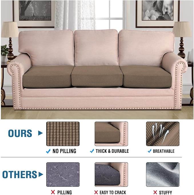 H.VERSAILTEX Super Stretch Individual Seat Cushion Covers Sofa Covers Couch Covers Slipcover Sets Thick Jacquard Textured Twill Fabric (3 Piece XL Sofa Cushion Covers, Macchiato)