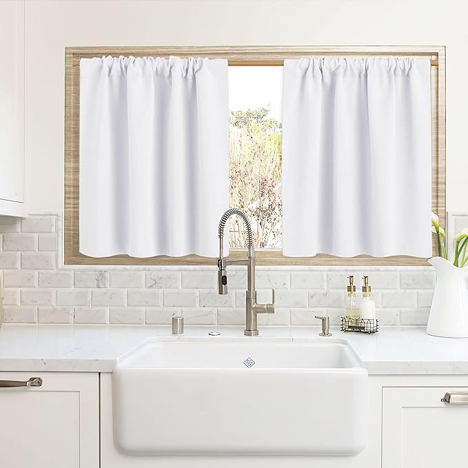 RYB HOME Cafe Curtains 24 inch Length, RV Curtains for Camper Windows, Mini Short Small Insulating Light UV Heat Blocking Privacy Half Window Tiers, Width 42 by Length 24, Pure White, 2 Panels