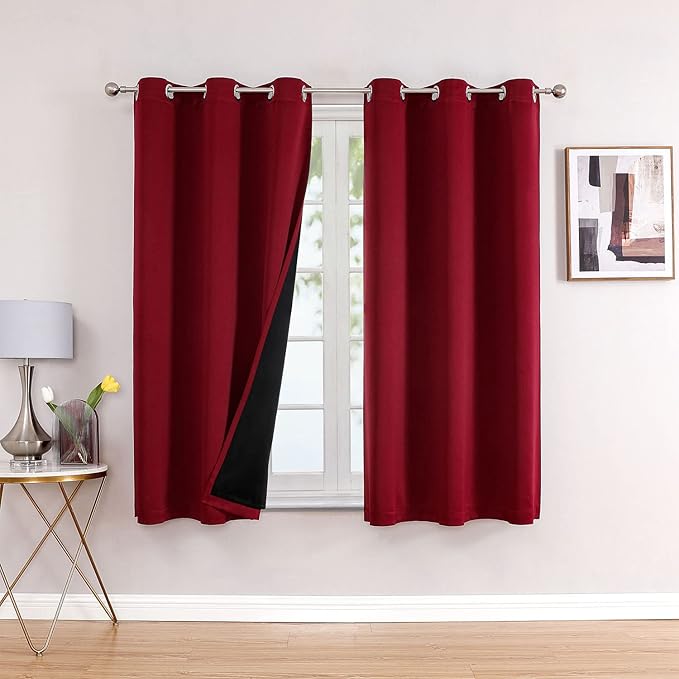 ChrisDowa 100% Blackout Curtains for Bedroom with Black Liner, 2 Thick Layers Total Blackout Thermal Insulated Grommet Window Curtains 2 Panels Set (Burgundy, 42 x 63 Inch)