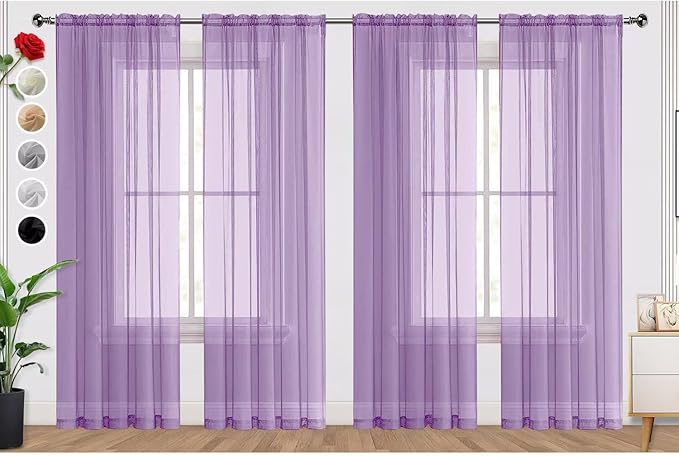 SpaceDresser Lavender Sheer Curtains 4 Panels Rod Pocket Semi-Sheer Curtain 45 Inches Long Light Filtering Voile Window Drapes for Bedroom Living Room Kitchen, Each 52W x 45L