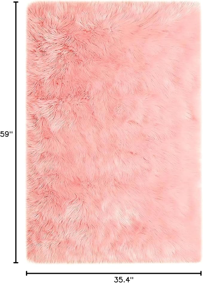 Goolela Pink Fluffy Fuzzy Rug for Girls Bedroom 3x5 Faux Fur Rug Furry Shag Bedside Carpet for Play Room Dorm Soft Plush Rectangle
