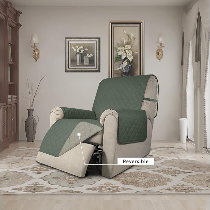 Easy-Going Recliner Chair Slipcover Reversible Sofa Cover Water Resistant Couch Cover Furniture Protector with Elastic Straps for Pets Dog (Recliner 22 inch, Greyish Green/Beige)