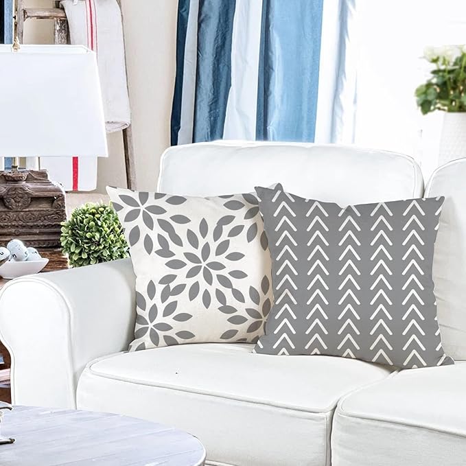 YCOLL Pillow Covers 18x18 Set of 4，Modern Sofa Throw Pillow Cover, Decorative Home Outdoor Linen Fabric Geometric Pillow Case for Couch Bed Car，Gray