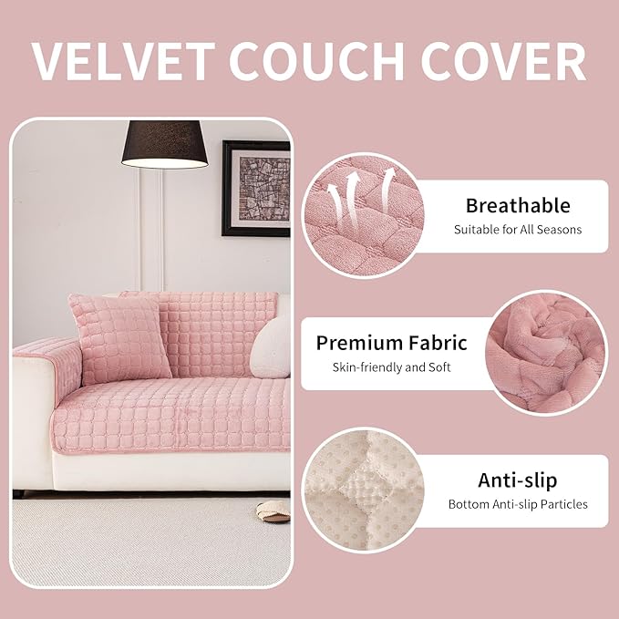 Velvet Couch Cover, Washable Sectional Sofa Cover, Anti Slip Sofa Slipcover for 3 Cushion Couch Sofa L Shaped Armrest Backrest, Furniture Protector Covers for Pets Kids(1PC,Pink,36"×83")