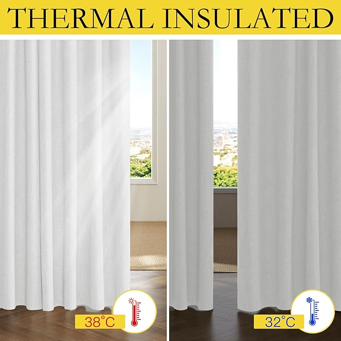 NICETOWN 100% Absolutely Blackout Linen Curtains with Thermal Insulated Liner, Greyish White, 52" Wide, 90" Length Energy Saving Curtains for Living Room 2 Panels Set, Vertical Blinds