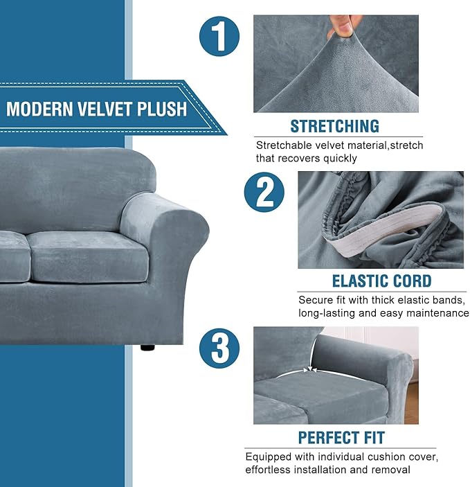 H.VERSAILTEX High Stretch Sofa Slipcover 4 Piece Cover Velvet Furniture Protector Form Fit Thick Velvet Extra Large Sofa Cover for 3 Cushion Couch Width Up to 97 Inch (Large Sofa, Stone Blue)