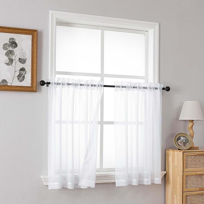 White Small Sheer Curtains 2 Panels Set, Kitchen Curtains 24 Inch Length, Elegant Light Filtering Short Window Drapes for Living Room Bedroom, Dual Rod Pocket Design, 2x42Wx24L Inches