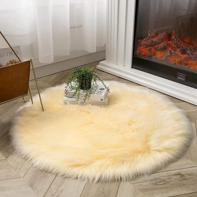 Latepis Yellow Circle Rug Faux Sheepskin Fur Round Rugs 4ft Washable Cute Plush Shaggy Rug for Bedroom Living Room Rugs for Sofa Floor Luxury Home Decor