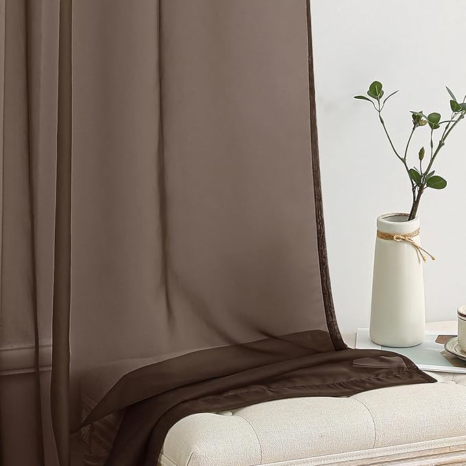 MIULEE Chocolate Brown Sheer Curtains 96 Inches Long 2 Panels, Light Filtering Voile Drapes with Rod Pocket for Bedroom and Living Room Windows