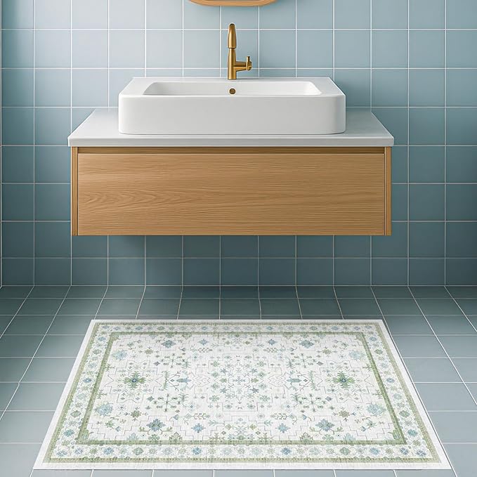 Washable Boho Bathroom Rug 2x3 - Small Throw Area Rugs for Powder Room, Laundry, Kitchen, Blue and Green Oushak Modern Eclectic Geometric Floral Pastel Decor, Low Pile Non-Slip Stain Resistant