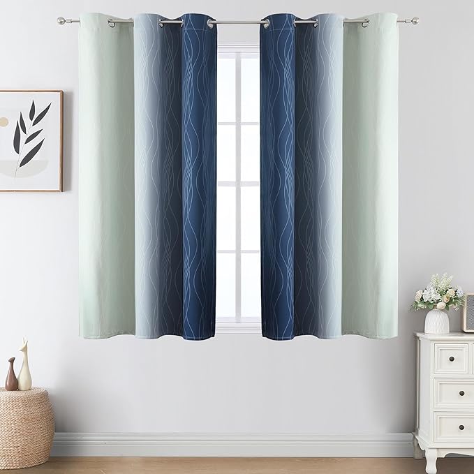 Estelar Textiler Navy Blue and Sage Green Blackout Curtains 54 Inches Long, Full Light Blocking Gradient Grommet Drapes for Kitchen, Thermal Insulated Ombre Curtains for Bedroom, 42Wx54L, 2 Panels