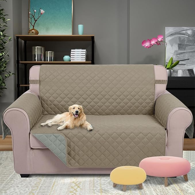 U-NICE HOME Loveseat Sofa Cover Reversible Couch Covers for 2 Cushion Couch for Dogs Furniture Protector Cover with Elastic Straps Water Resistant(Loveseat Small, Khaki/Light Grey)