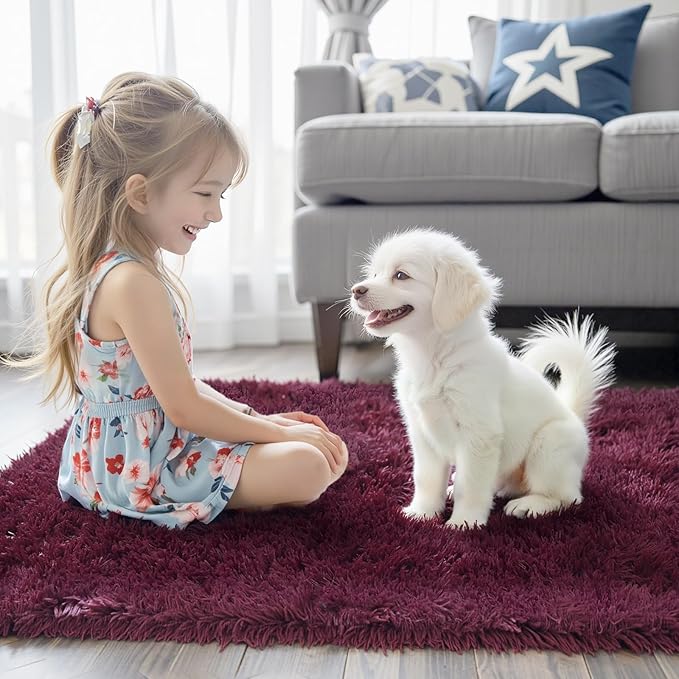 Rugs for Bedroom 4x6, Alfombras para Salas Shag Large Plush Soft Area Rug, Shaggy Carpets for Livingroom, Kids Boys Girls Home Decor Aesthetic(Burgundy, 4 x 6)