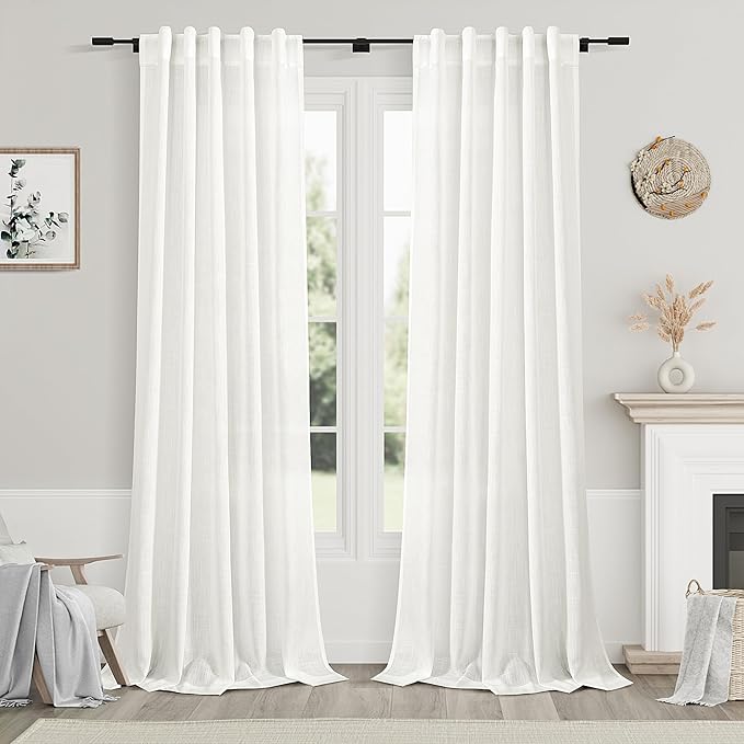 Ivory Linen Curtains 90 Inches Long for Living Room Back Tab Rod Pocket Semi Sheer Light Filtering Neutral Solid Drapes Modern Rustic Farmhouse Decor Curtains for Dining Room 2 Panels Set 40x90
