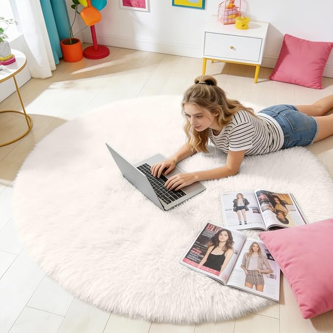 OLANLY Ivory Round Rugs for Bedroom - Machine Washable, 4 ft Circle Area Rugs for Living Room, Soft and Fluffy Shaggy Carpet for Teen Girls and Boys, Nursery Rooms, Dorms, Home Decor Aesthetic