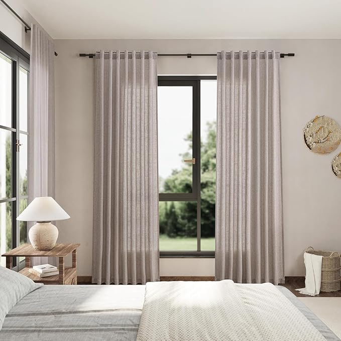 Nanspring Brownish Grey Linen Curtains for Living Room 100 Inches Long Back Tab Light Filtering Semi Sheer Curtain Modern Farmhouse Decor for Bedroom Office Luxury Textured Drapes 52x100, 2 Panels