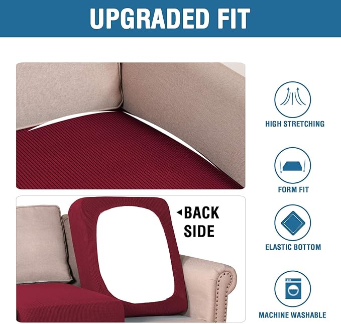 H.VERSAILTEX Super Stretch Individual Seat Cushion Covers - Sofa & Couch Cushion Slipcover Sets - Thick Jacquard Textured Twill Fabric (3 Piece XL Sofa Cushion Covers, Burgundy Red)