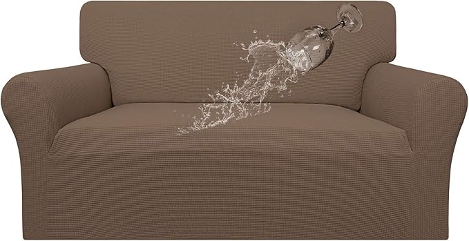Easy-Going 100% Waterproof Loveseat Couch Cover, Dual Waterproof Sofa Cover, Stretch Jacquard Sofa Slipcover, Leakproof Furniture Protector for Kids, Pets, Dog and Cat (Loveseat, Brown)